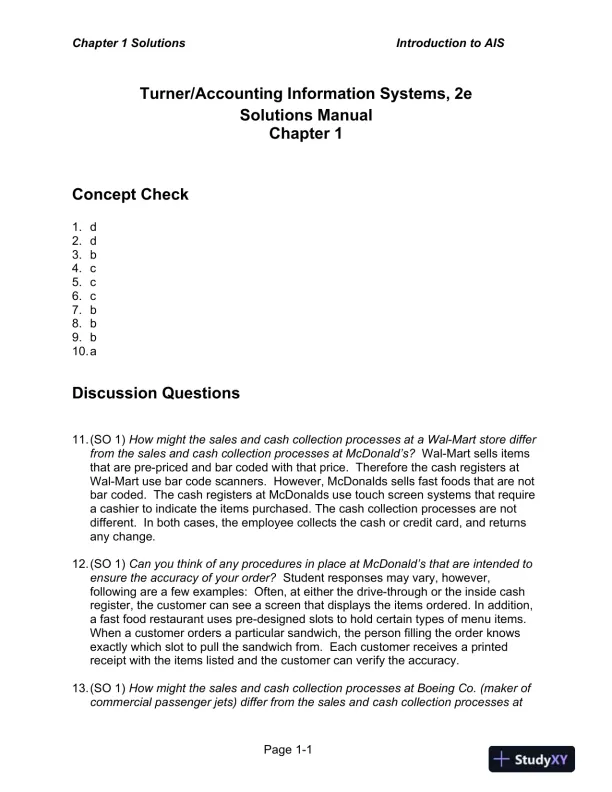 Solution Manual for Accounting Information Systems: The Processes and Controls , 2nd Edition - Page 1 preview image