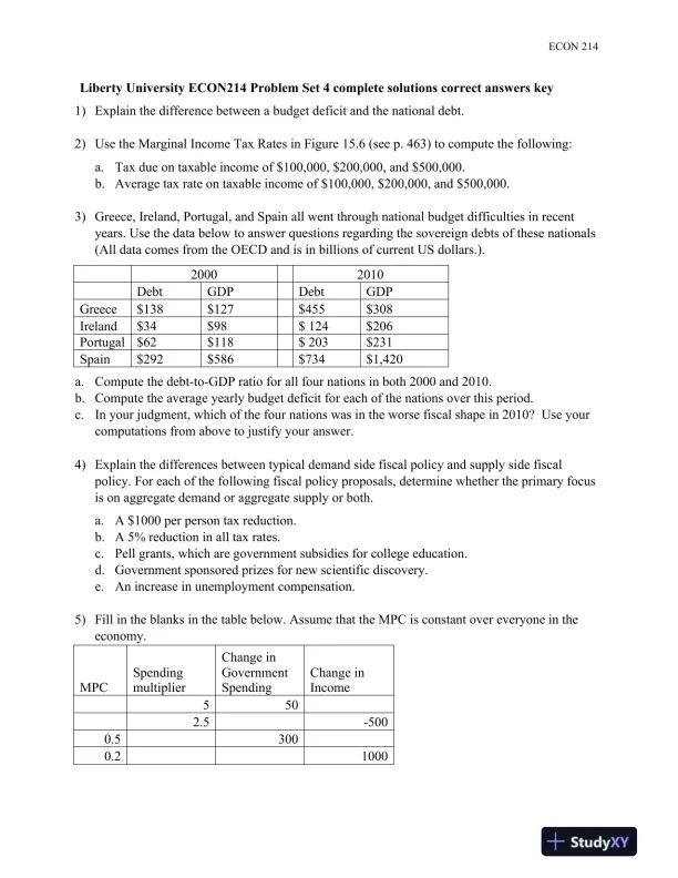 Liberty University ECON214 Problem Set 4 Complete Solutions Correct Answers Key - Page 1 preview image