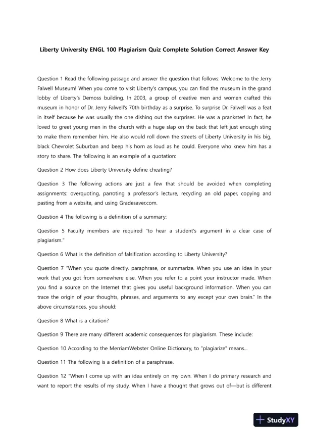 Liberty University ENGL 100 Plagiarism Quiz Complete Solution Correct Answer Key - Page 1 preview image
