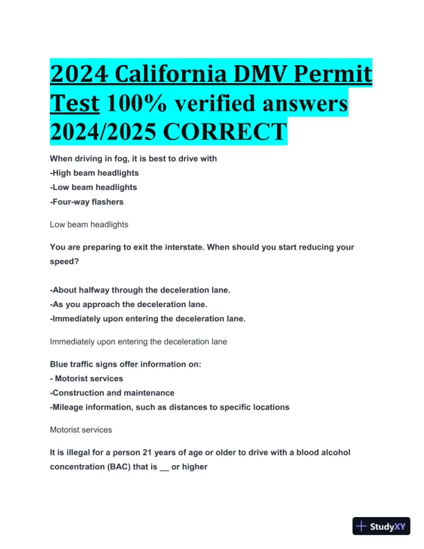 2024-2025 California DMV Permit Test with Answers (104 Solved Questions) - Page 1 preview image