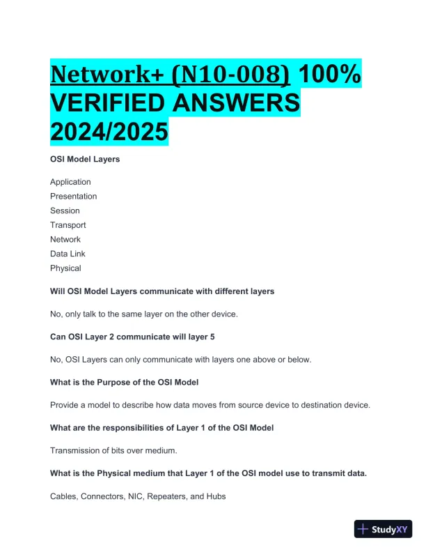 2024-2025 Network+ (N10-008) Practice Exam with Answers (55 Solved Questions) - Page 1 preview image