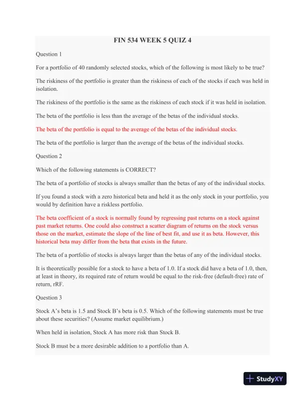 FIN 534 Week 5 Quiz 4 - Page 1 preview image
