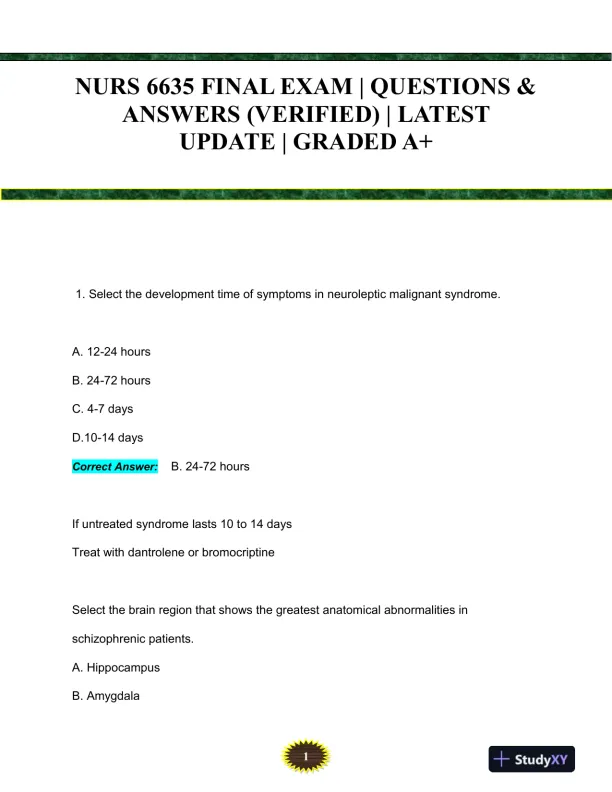 NURS6635 Mental Health Final Exam With Answers (119 Solved Questions) - Page 1 preview image