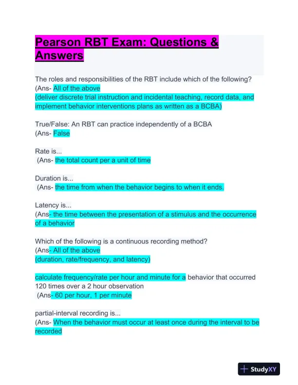 Pearson Marketing RBT Exam With Answers (149 Solved Questions) - Page 1 preview image