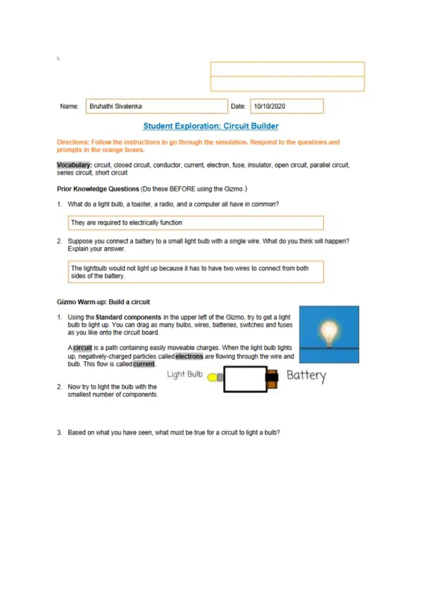 Student Exploration Circuit Builder Build and Test - Page 1 preview image