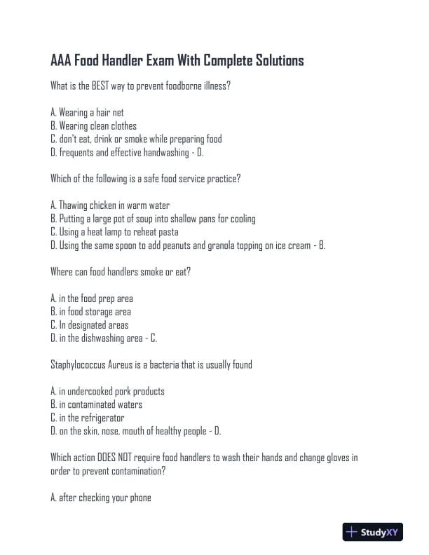 AAA Food Handler Exam With Answers (151 Solved Questions) - Page 1 preview image