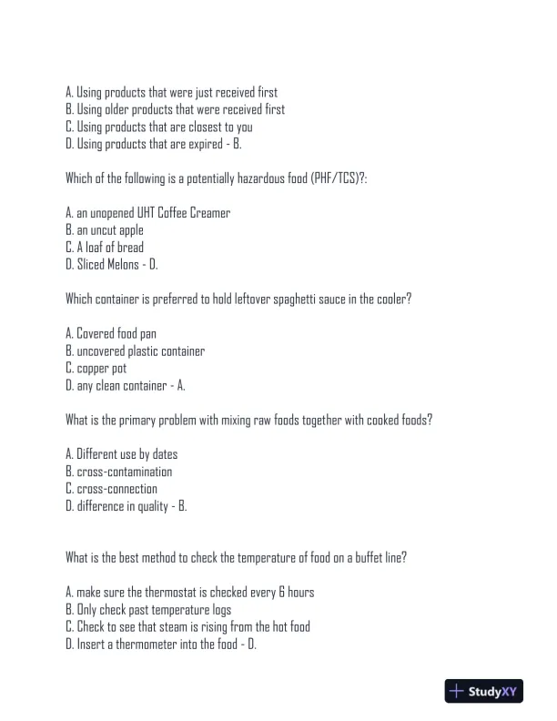 AAA Food Handler Exam With Answers (151 Solved Questions) - Page 4 preview image