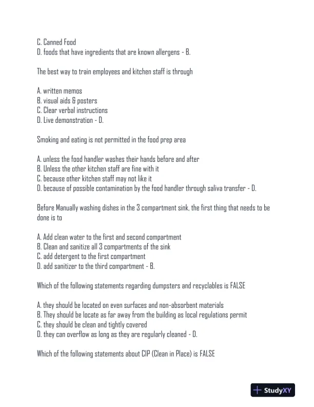 AAA Food Handler Exam With Answers (151 Solved Questions) - Page 7 preview image