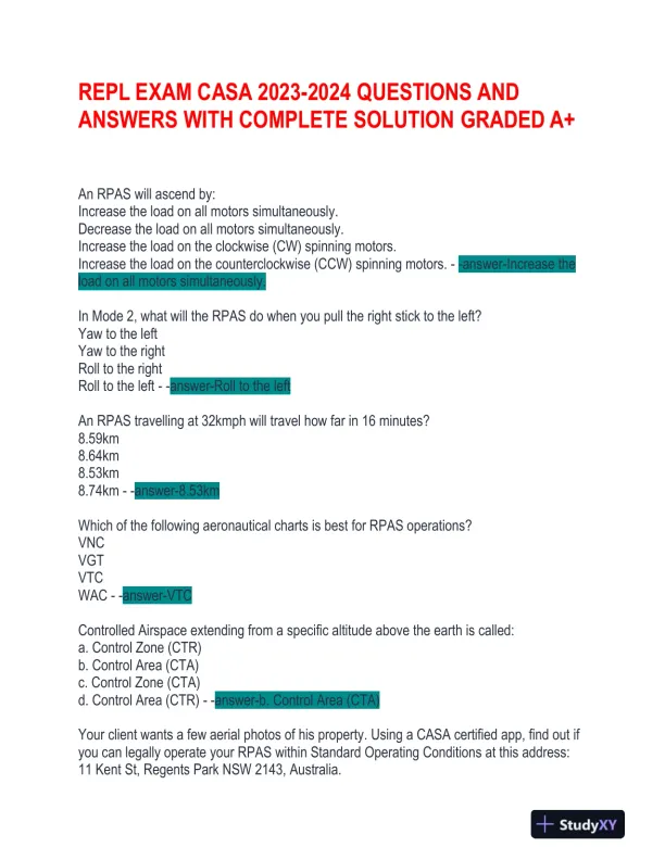 2023-2024 CASA REPL Exam With Answers (109 Solved Questions) - Page 1 preview image