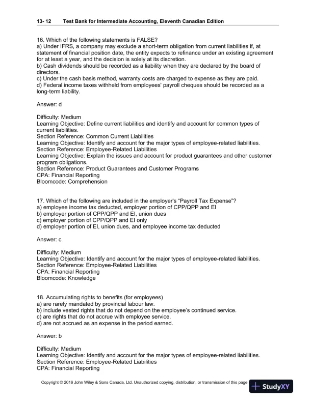 Test Bank For Intermediate Accounting: Volume 1, 11th Canadian Edition - Page 13 preview image