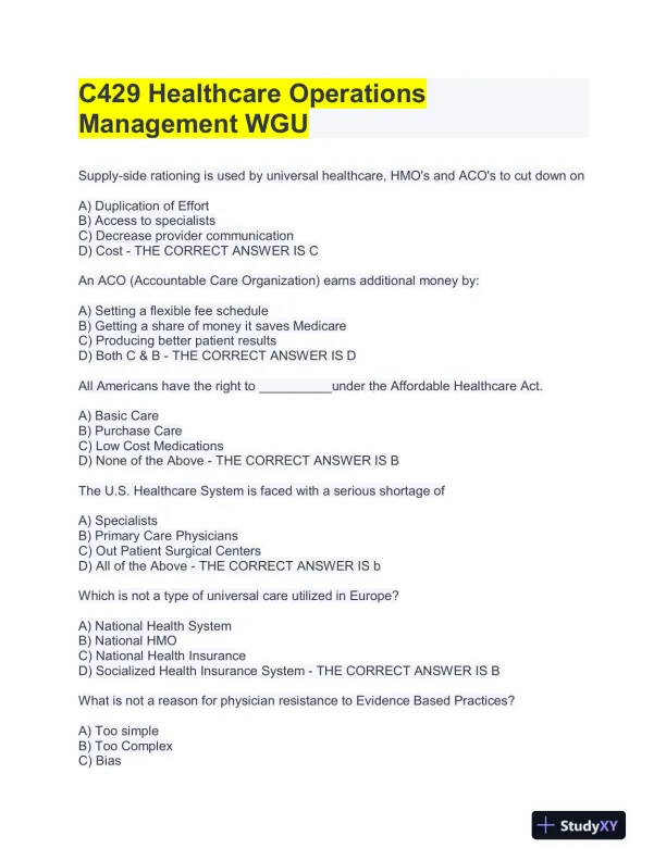 WGU C429 Health Care Assessment Practice Exam With Answers (115 Solved Questions) - Page 1 preview image