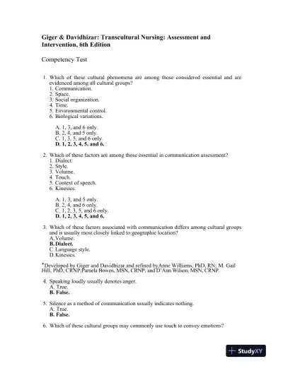 Test Bank For Transcultural Nursing Assessment and Intervention, 6th Edition - Page 1 preview image