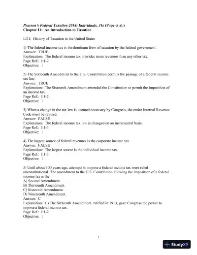 Pearson's Federal Taxation 2018 Individuals (Prentice Hall's Federal Taxation Individuals) 31st Edition Test Bank - Page 1 preview image