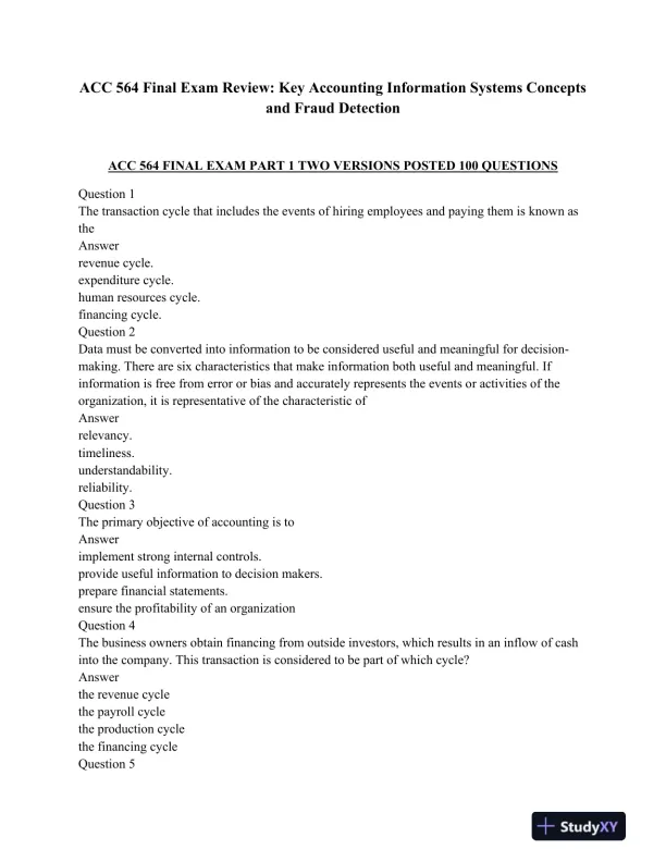 ACC 564 Final Exam Review: Key Accounting Information Systems Concepts and Fraud Detection - Page 1 preview image