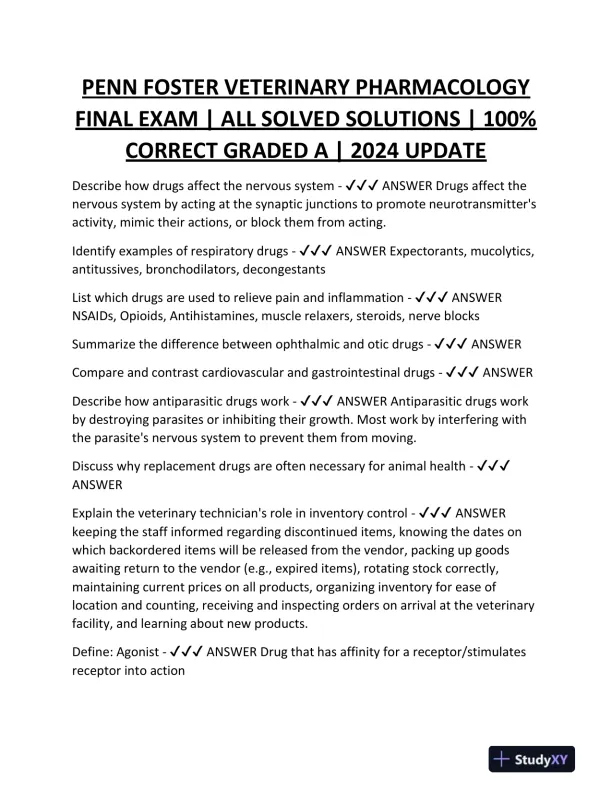 2024 PENN FOSTER VETERINARY Pharmacology Final Exam With Answers (492 Solved Questions) - Page 1 preview image