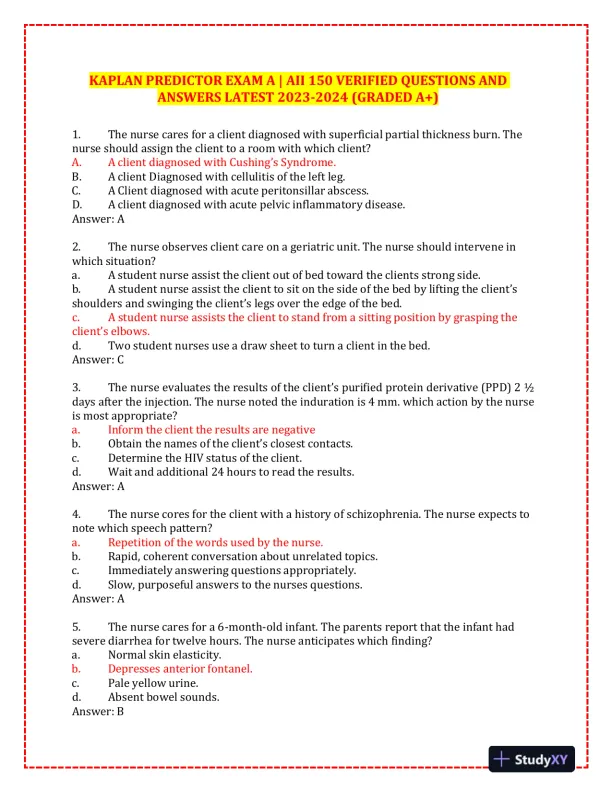 2023-2024 KAPLAN Pediatrics Predictor Exam With Answers (150 Solved Questions) - Page 1 preview image