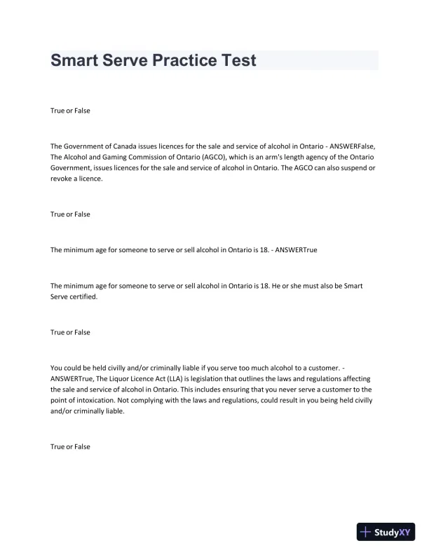 Smart Serve Practice Test with Answers (46 Solved Questions) - Page 1 preview image