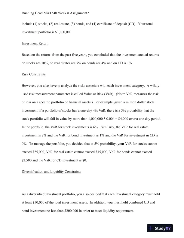 MAT540 Week 8 Assignment: Optimizing Investment Portfolios: A Linear Programming Approach to Maximizing Returns and Managing Risk - Page 3 preview image