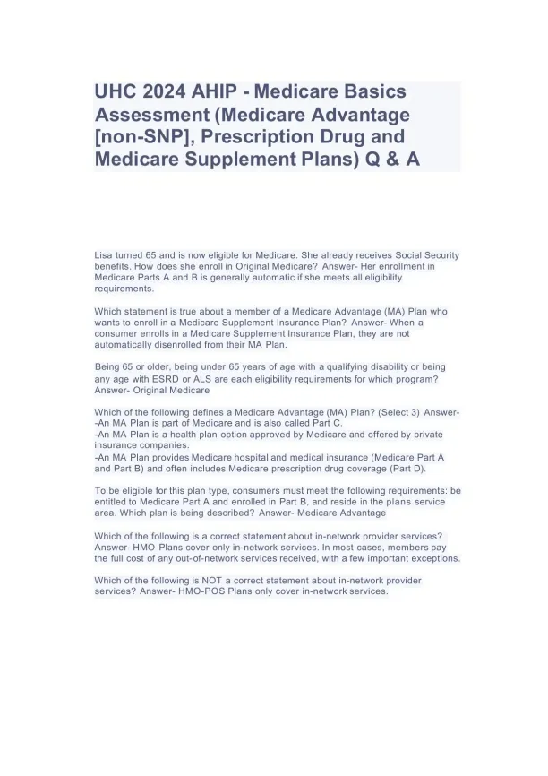 UHC 2024 AHIP Medicare Basics Assessment (Medicare - Page 1 preview image