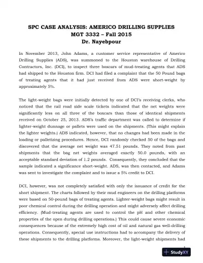 MGT 3332 SPC case analysis: Americo Drilling Supplies� Fall 2015 - Page 1 preview image