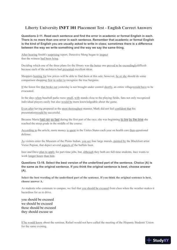 Liberty University INFT 101 Placement Test - English - Page 1 preview image