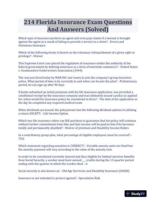 214 Florida Insurance Practice Exam With Answers (210 Solved Questions) - Page 1 preview image