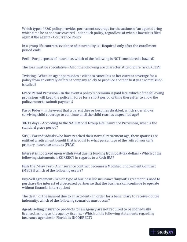 214 Florida Insurance Practice Exam With Answers (210 Solved Questions) - Page 4 preview image