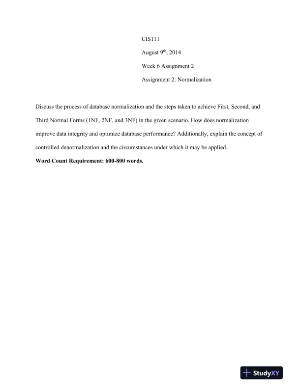 CIS111 Week 6 Assignment 2: Normalization - Page 1 preview image