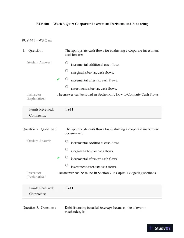BUS 401 � Week 3 Quiz: Corporate Investment Decisions and Financing - Page 1 preview image