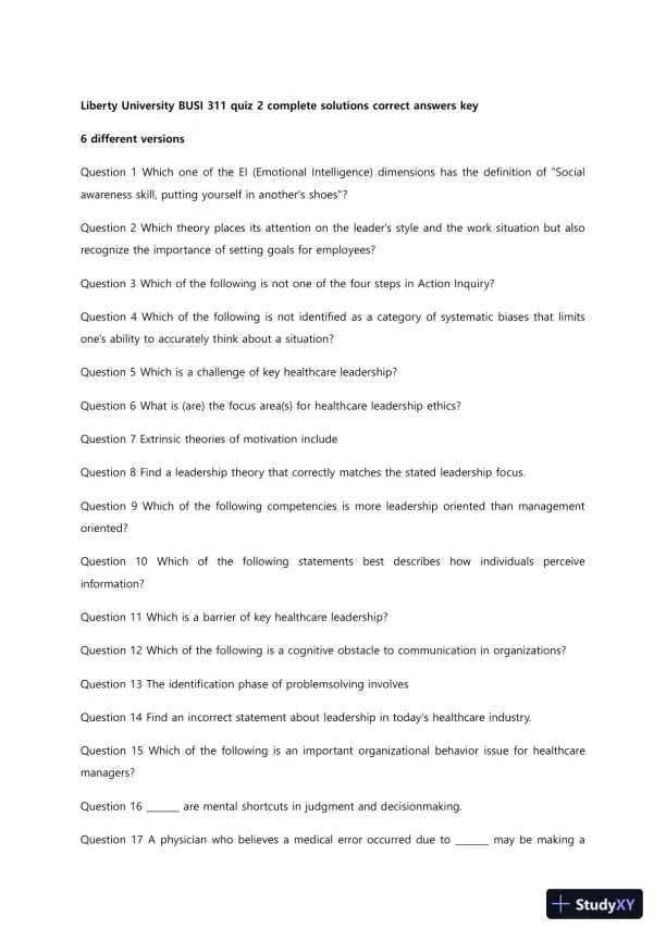 Liberty University BUSI 311 Quiz 2 Complete Solutions Correct Answers Key - Page 1 preview image