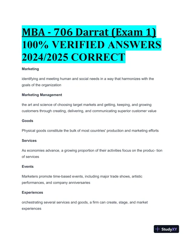 2024-2025 MBA -706 Darrat Exam 1 with Answers (63 Solved Questions) - Page 1 preview image