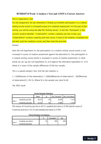 BTM8107-8 Week: 4 Analyze t Test and ANOVA Correct Answers - Page 1 preview image