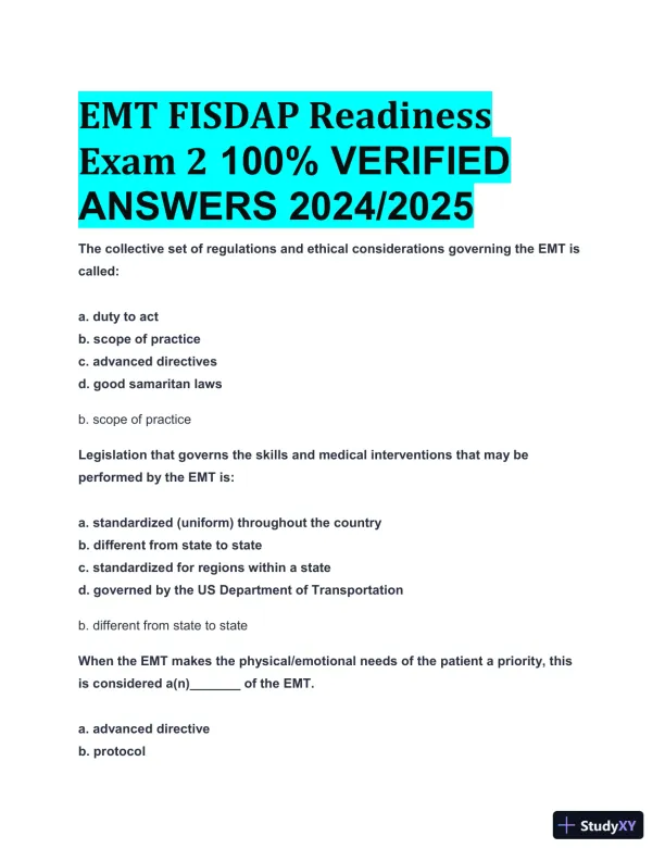 2024-2025 EMT FISDAP Readiness Practice Exam with Answers (161 Solved Questions) - Page 1 preview image