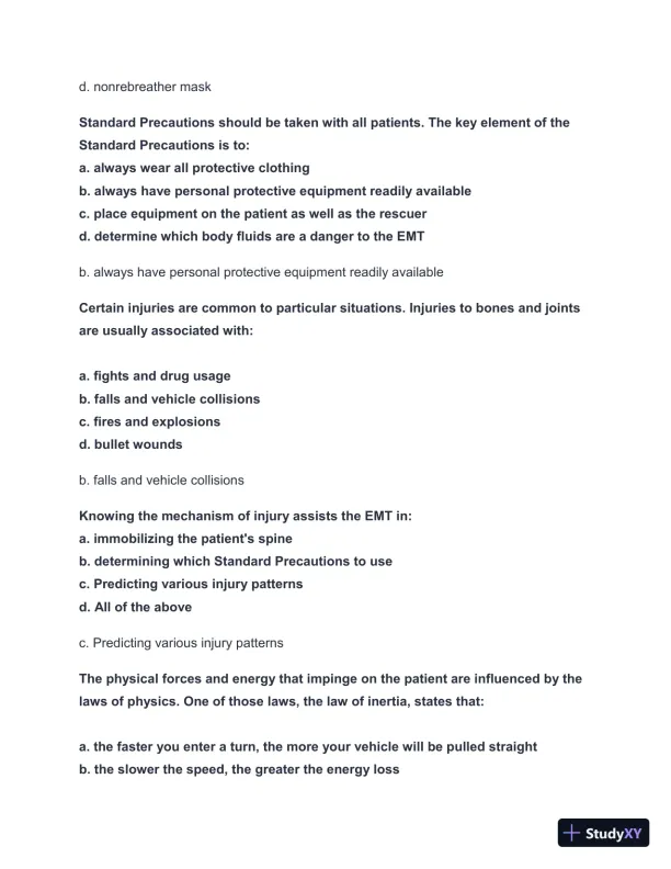 2024-2025 EMT FISDAP Readiness Practice Exam with Answers (161 Solved Questions) - Page 12 preview image