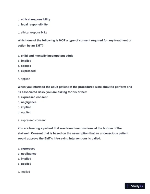 2024-2025 EMT FISDAP Readiness Practice Exam with Answers (161 Solved Questions) - Page 3 preview image