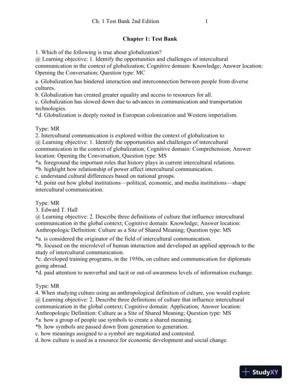 Intercultural Communication: Globalization and Social Justice Second Edition Test Bank - Page 1 preview image
