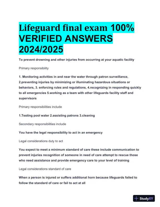 2024-2025 Lifeguard Final Exam with Answers (69 Solved Questions) - Page 1 preview image
