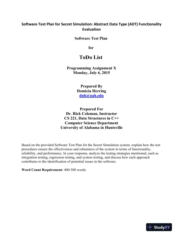 Software Test Plan for Secret Simulation: Abstract Data Type (ADT) Functionality Evaluation - Page 1 preview image