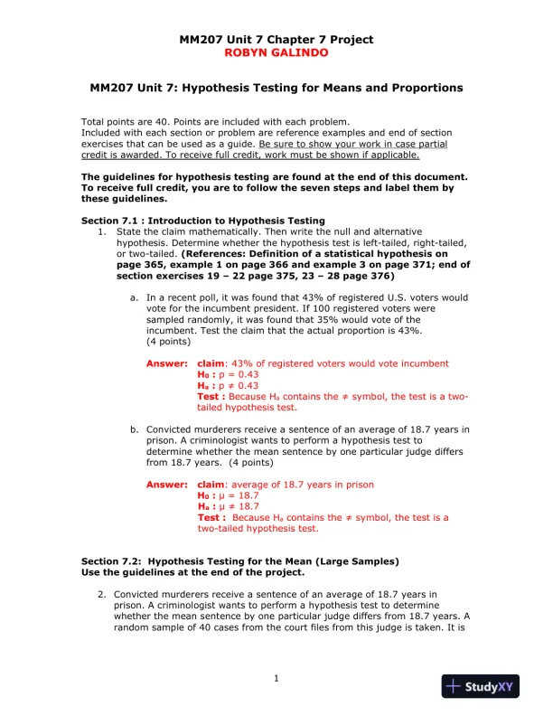 MM207 Unit 7: Hypothesis Testing for Means and Proportions - Page 1 preview image