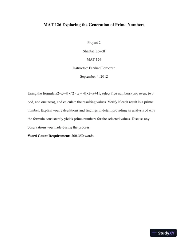 MAT 126 Exploring the Generation of Prime Numbers - Page 1 preview image