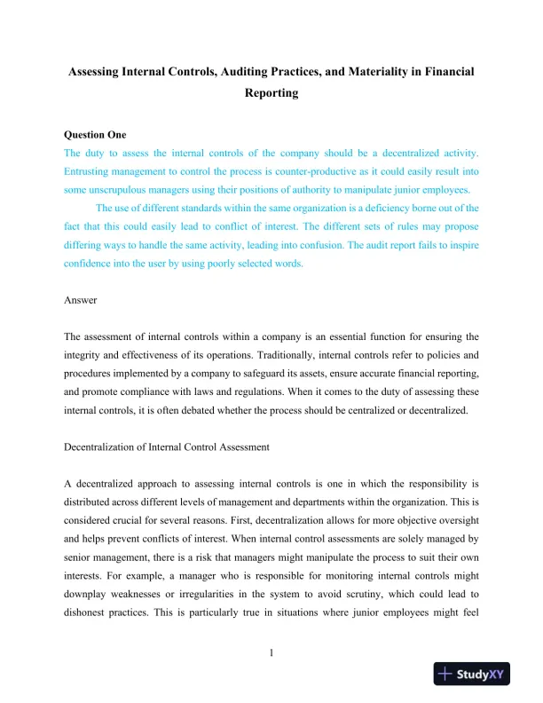 Assessing Internal Controls, Auditing Practices, and Materiality in Financial Reporting - Page 1 preview image
