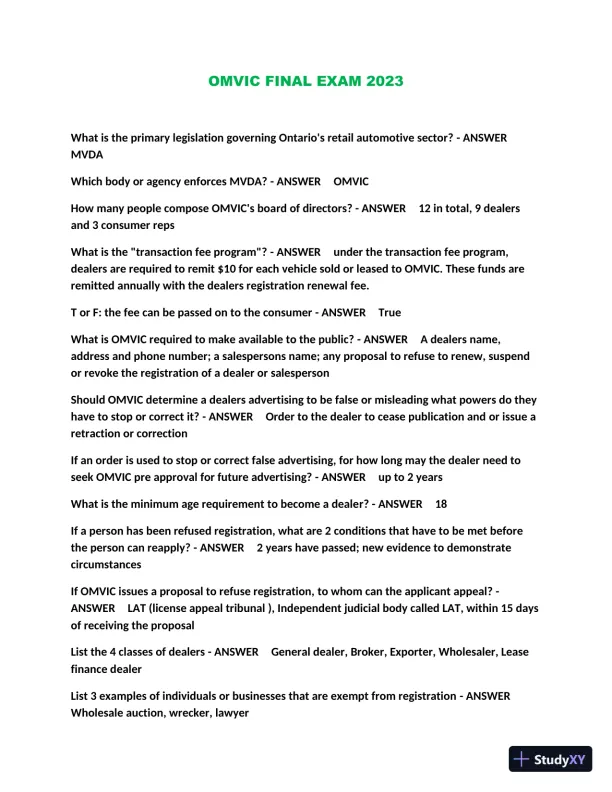 2023 OMVIC Final Exam with Answers (111 Solved Questions) - Page 1 preview image