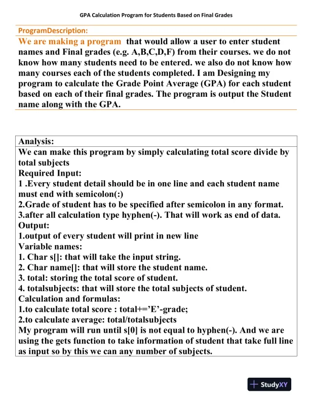 GPA Calculation Program for Students Based on Final Grades - Page 1 preview image