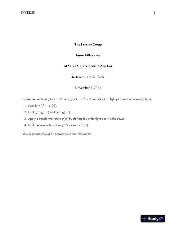 MAT 222: Intermediate Algebra The Inverse Comp - Page 1 preview image