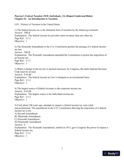 Test Bank for Pearson's Federal Taxation 2020 Individuals, 33rd Edition - Page 1 preview image