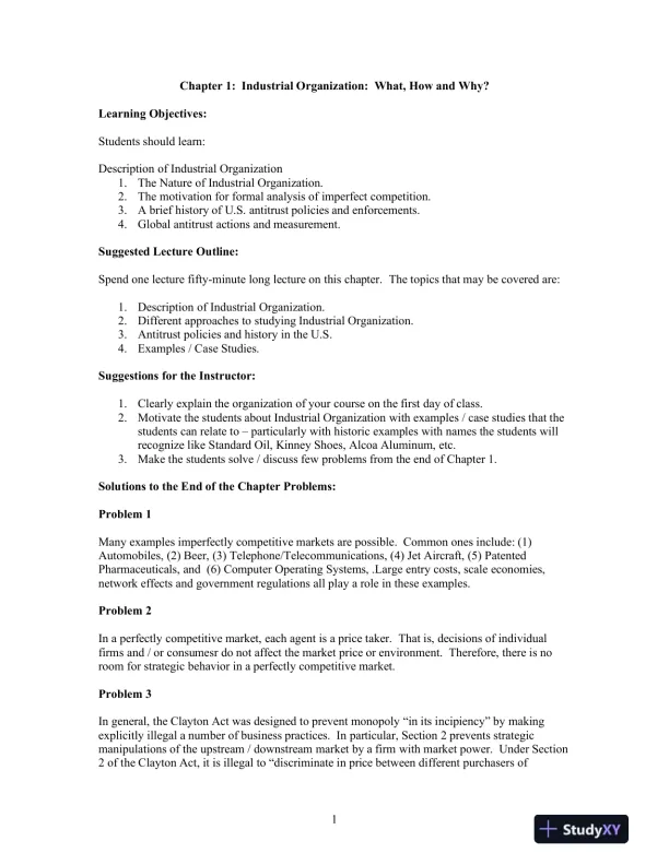 Solution Manual For Industrial Organization: Contemporary Theory and Empirical Applications, 5th Edition - Page 1 preview image