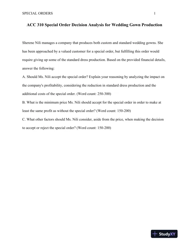 ACC 310 Special Order Decision Analysis for Wedding Gown Production - Page 1 preview image
