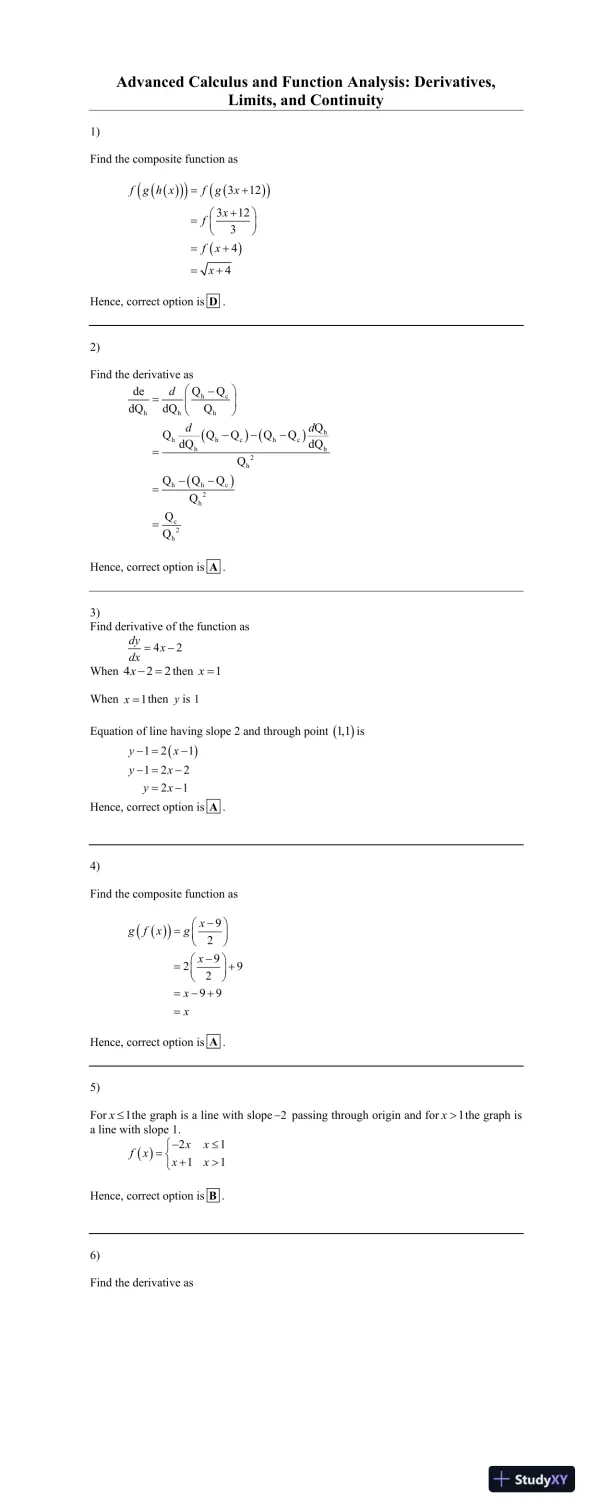 Advanced Calculus and Function Analysis: Derivatives, Limits, and Continuity - Page 1 preview image