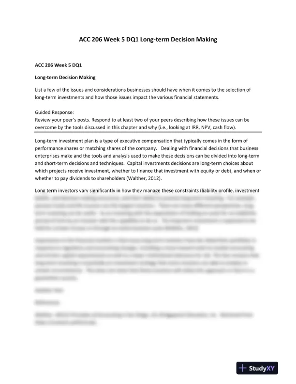 ACC 206 Week 5 DQ1 Long-term Decision Making - Page 1 preview image