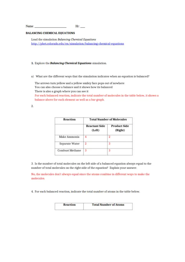 Balancing Chemical Equations Phet Key - Page 1 preview image